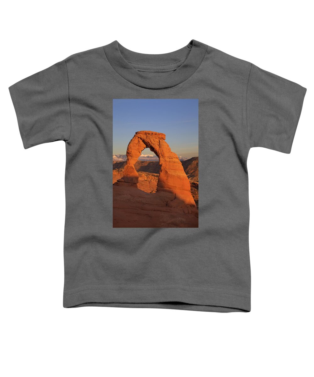Rock Toddler T-Shirt featuring the photograph Delicate Arch at Sunset #1 by Alan Vance Ley