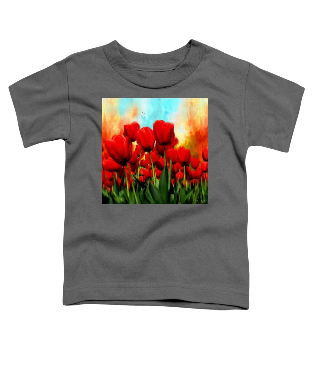 Red Tulips Toddler T-Shirt featuring the digital art Devotion To One's Love- Red Tulips Painting by Lourry Legarde
