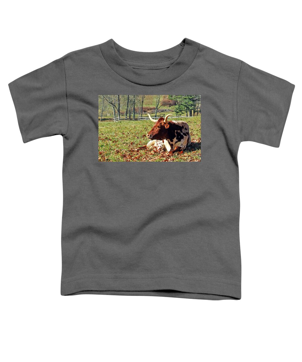 Lazy Morning Bull Toddler T-Shirt featuring the photograph Lazy Morning Bull #1 by Jennifer Robin