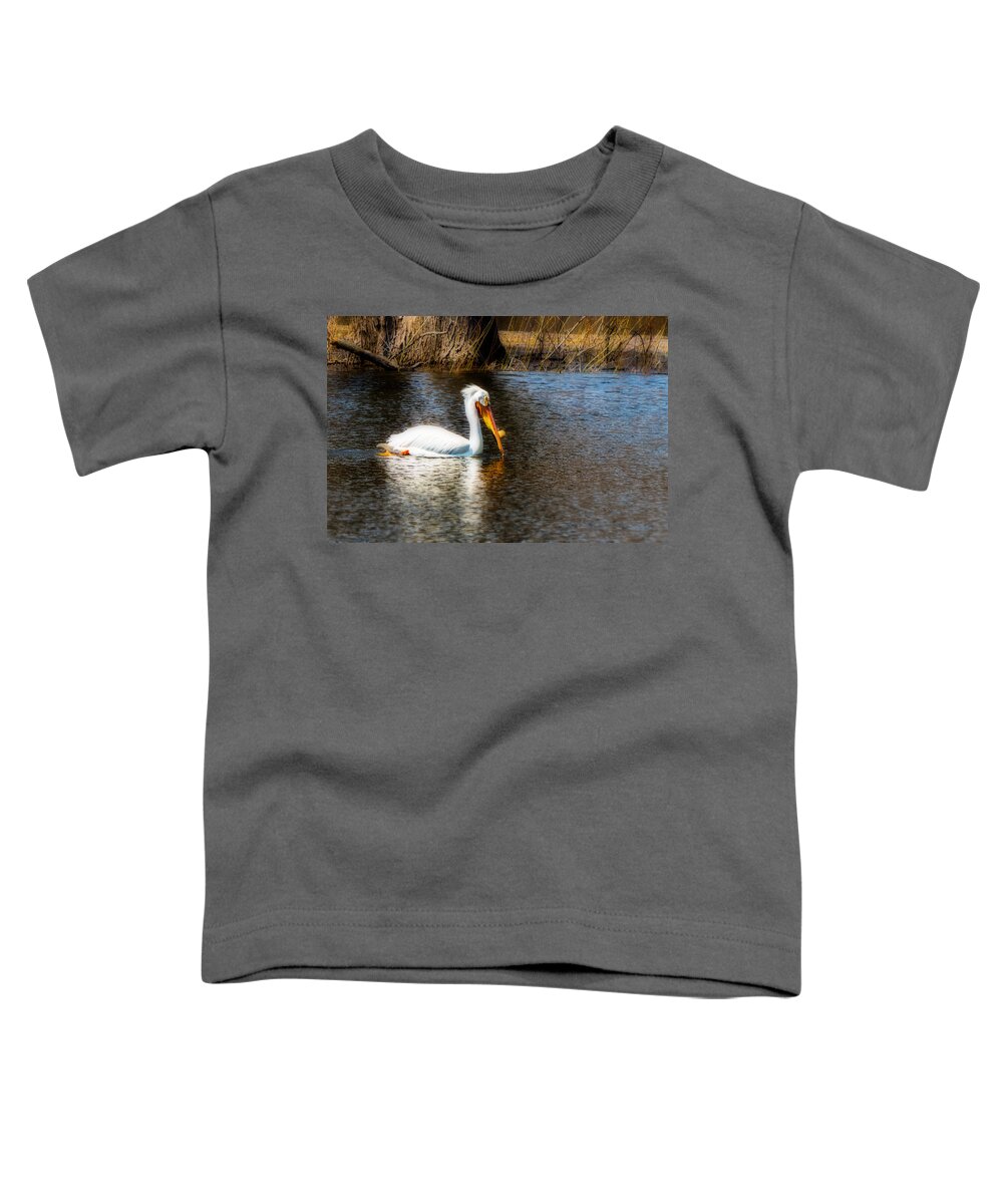 Pelican Bird Water Lake Pond River Beak Feather Feathers Plume Spring Summer Sun Ripple Water Tree Branch Twig Grass Reeds Knob Swim Blue White Yellow Red Orange Impressionist Impressionism Wall Hang Decorate Sell Real Estate Stage Staging Pelecanus Erythrorhynchos American White Pelican Redecorate Toddler T-Shirt featuring the photograph Pelican #1 by Tom Gort