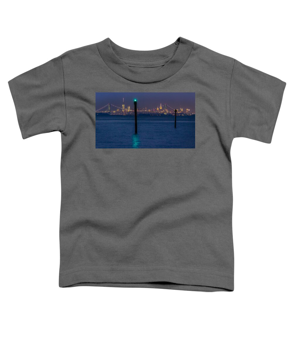 Bayshore Waterfront Toddler T-Shirt featuring the photograph Verrazano-Narrows bridge and NYC skyline from Port Monmouth #1 by SAURAVphoto Online Store