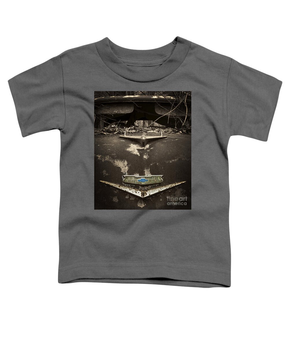1956 Toddler T-Shirt featuring the photograph 1956 Chevrolet Rust Bucket Sepia Toned by Ken Johnson