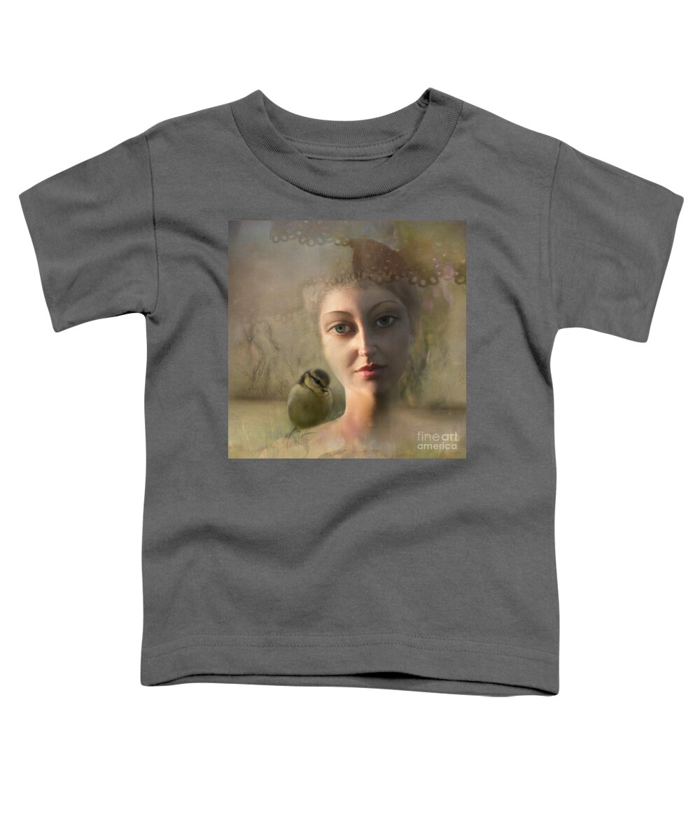 Girl Toddler T-Shirt featuring the photograph A girl with a little bird on her shoulder by Ang El
