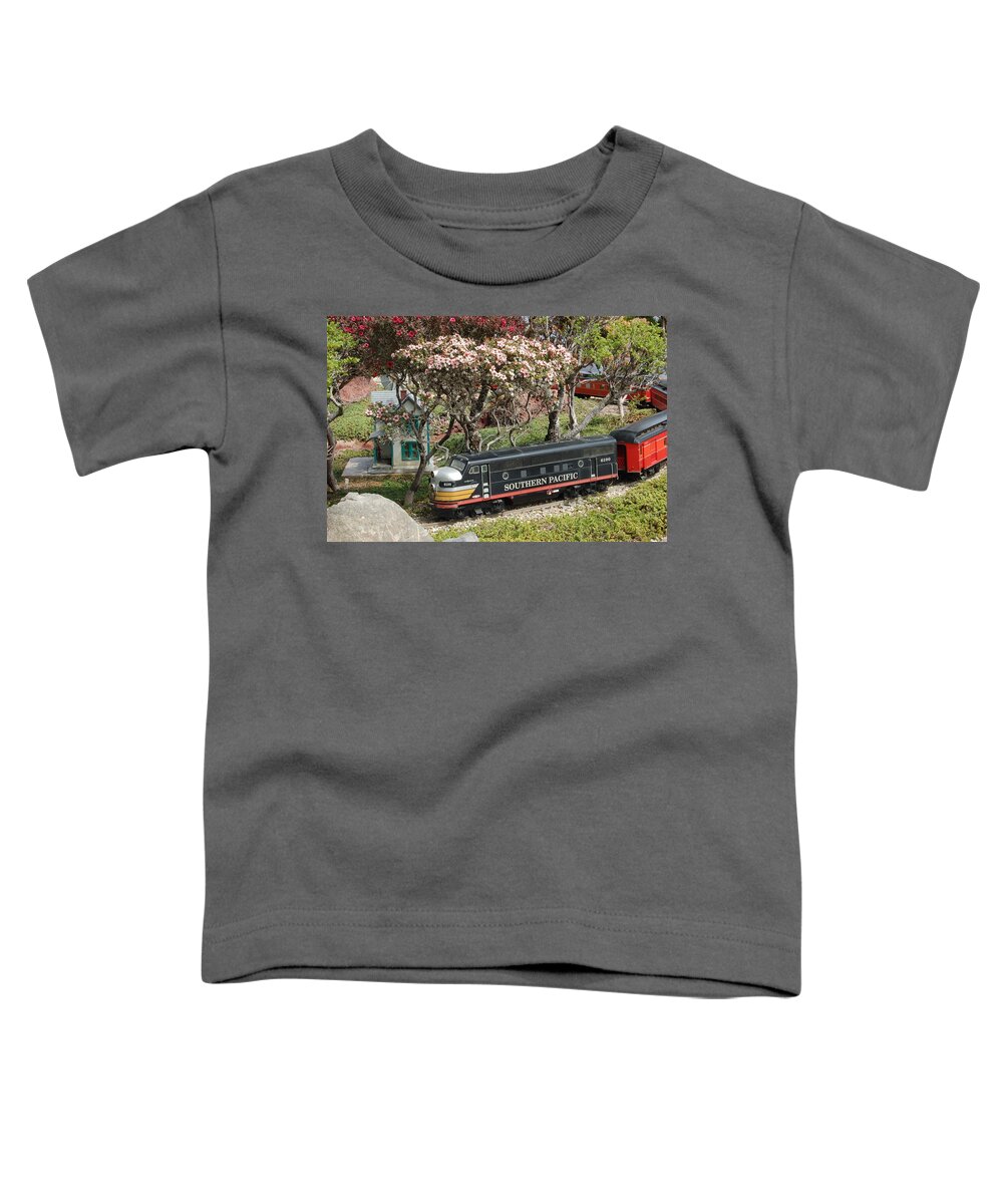 Linda Brody Toddler T-Shirt featuring the photograph A Passenger Train Passes by Farm House by Linda Brody