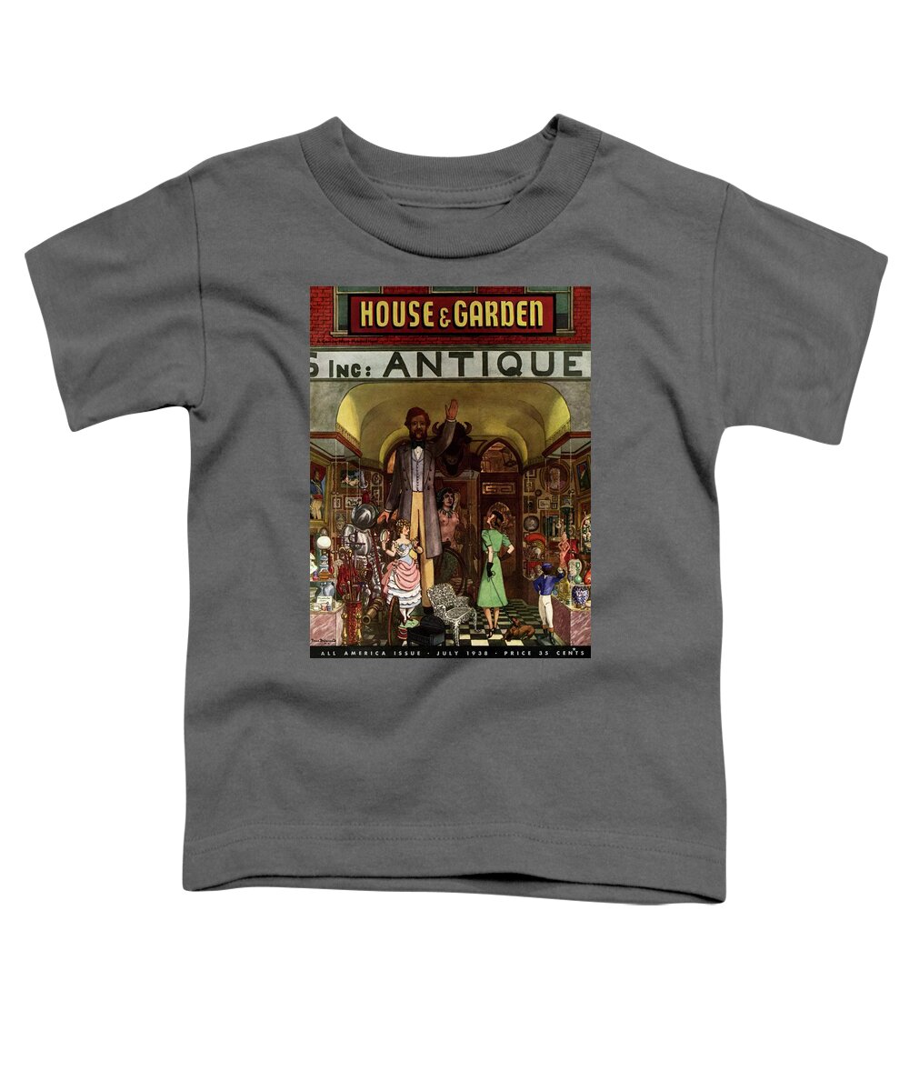 House And Garden Toddler T-Shirt featuring the photograph A Young Matron In Front Of A Antique Store by Pierre Brissaud