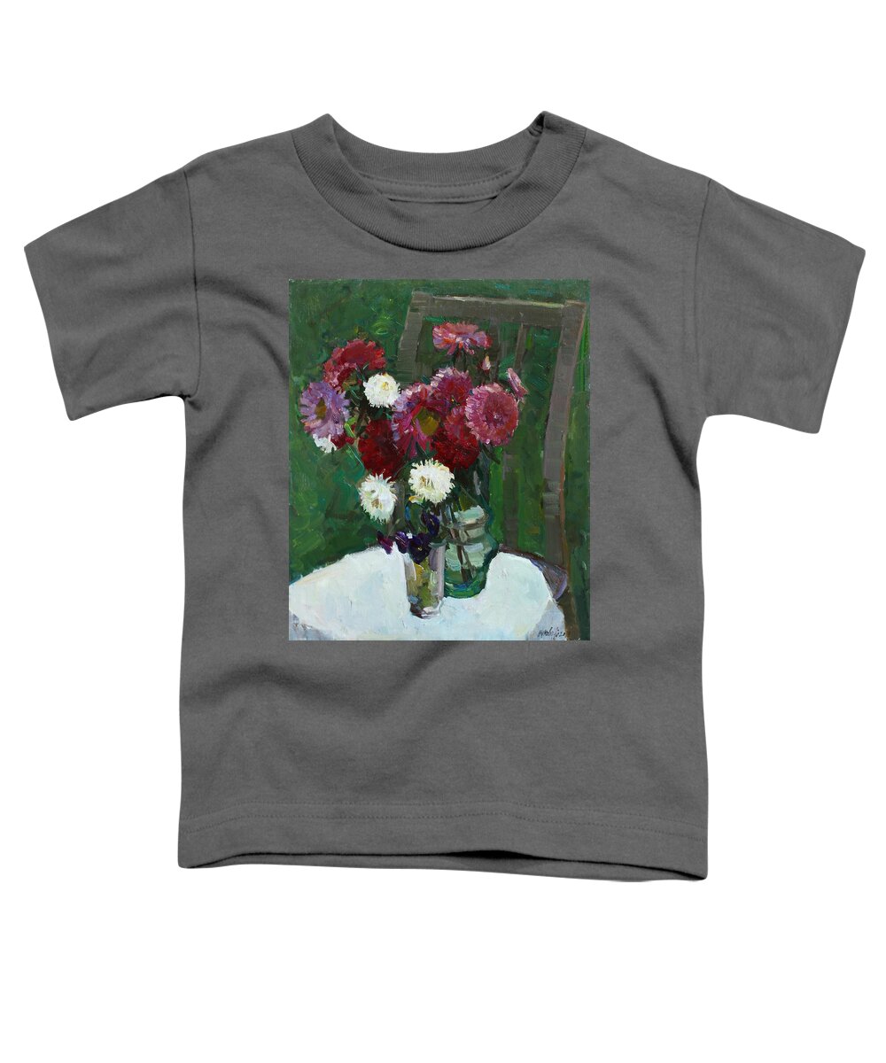 Aster Toddler T-Shirt featuring the painting Asters in the first frosts by Juliya Zhukova