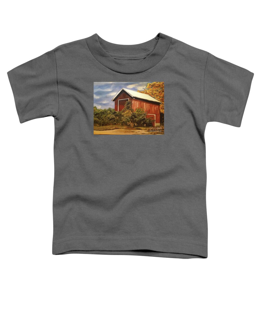 Autumn Orange Red Yellow Barn Ohio Barn Toddler T-Shirt featuring the painting Autumn - Barn - Ohio by Jan Dappen