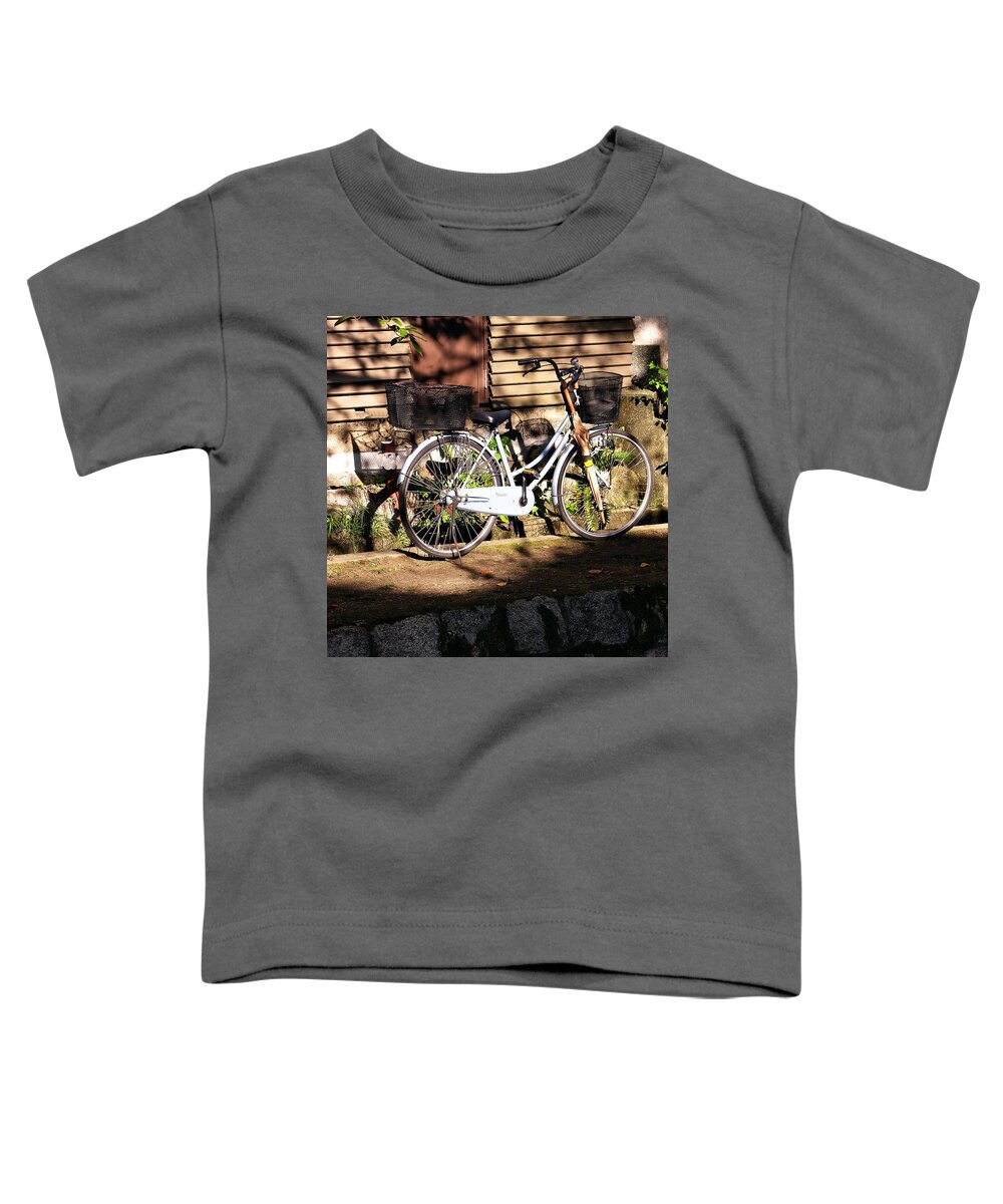 Kyoto Toddler T-Shirt featuring the photograph Bicycle and Baskets Kyoto - Philosophers' Walk by Jacqueline M Lewis