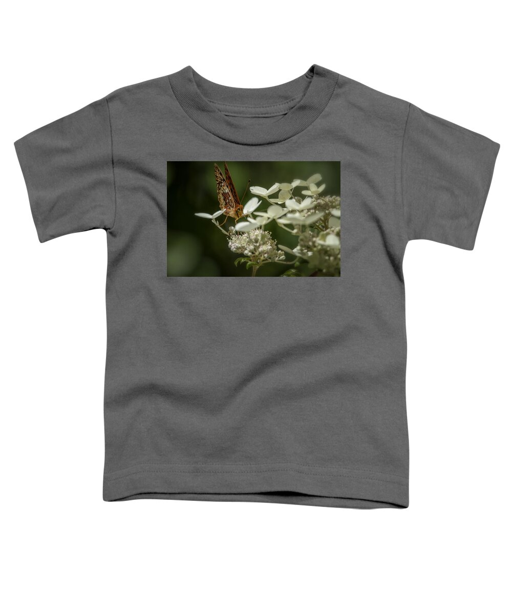 Butterfly Toddler T-Shirt featuring the photograph Butterfly on a Hydrangea - Great Spangled Fritillary No. 1 by Belinda Greb