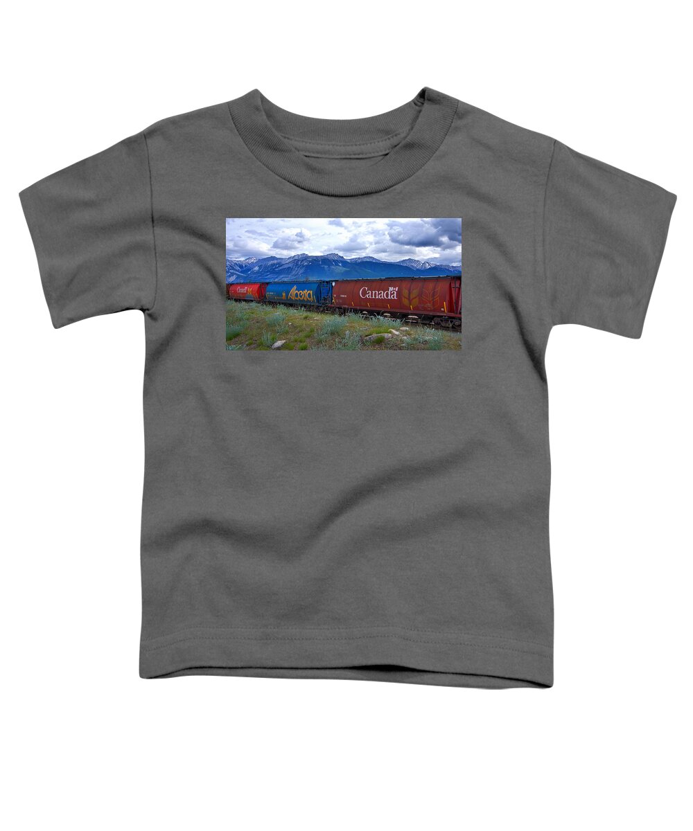 Train Toddler T-Shirt featuring the photograph Canadian Freight Train in Jasper #2 by Stuart Litoff