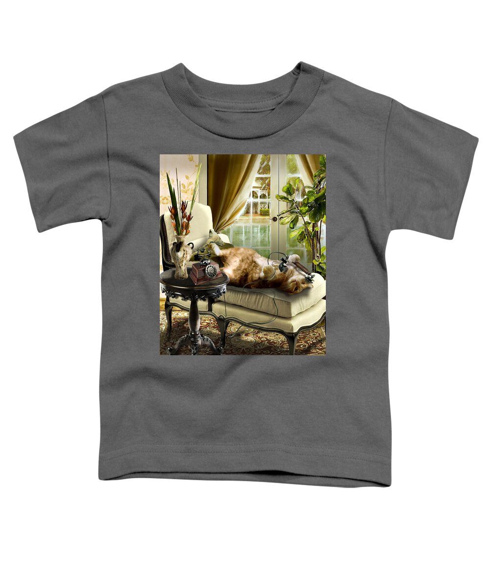  Pet Cat Painting Toddler T-Shirt featuring the painting Funny pet talking on the phone by Regina Femrite