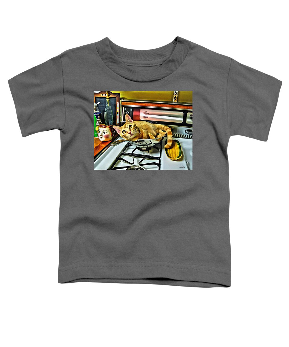 Cat In A Pot Toddler T-Shirt featuring the photograph Cat in a Pot on a Stove by Rebecca Korpita