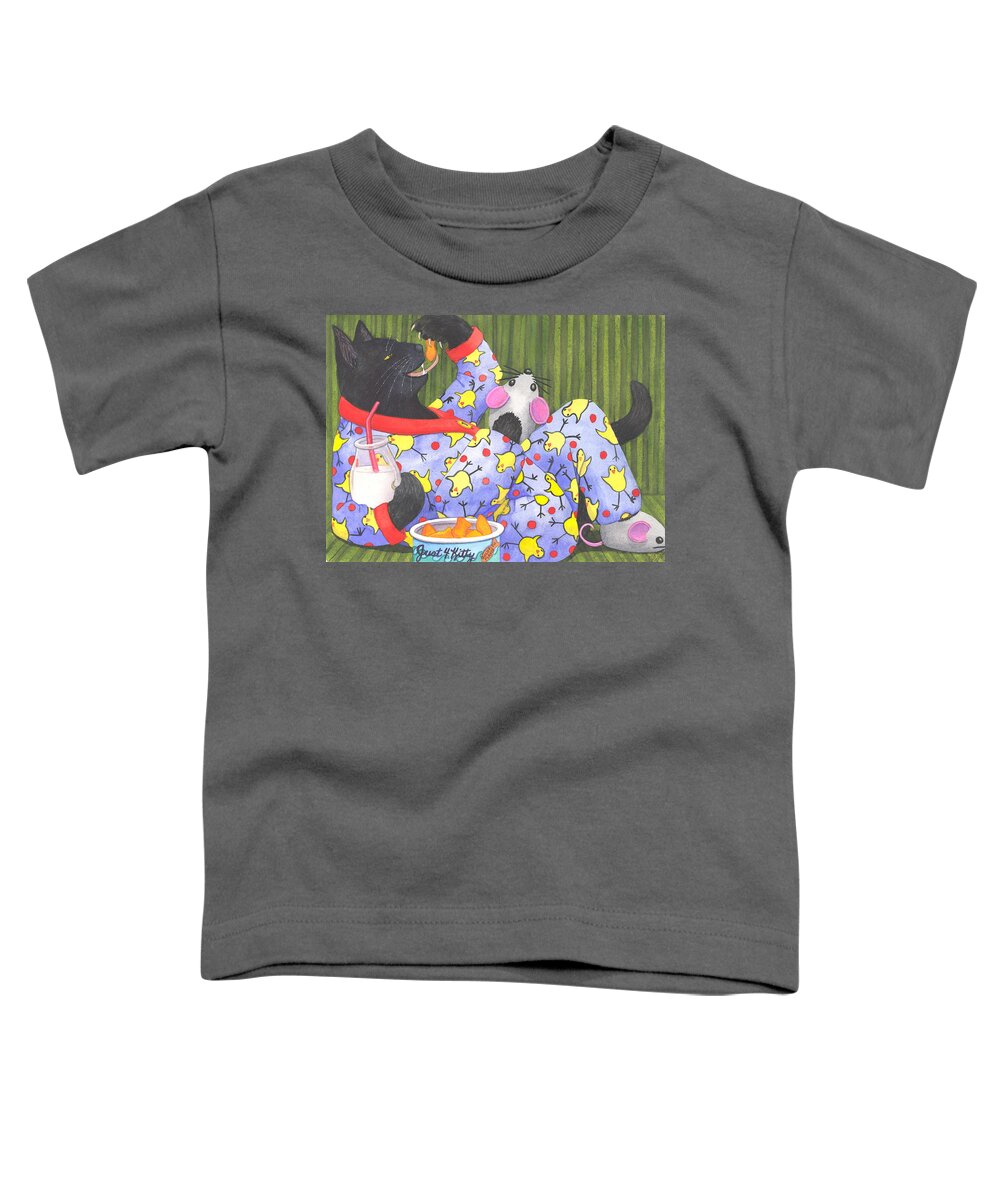 wicked Kitty Relaxing With His Milk And Snacks. Toddler T-Shirt featuring the painting Cats Pajamas by Catherine G McElroy