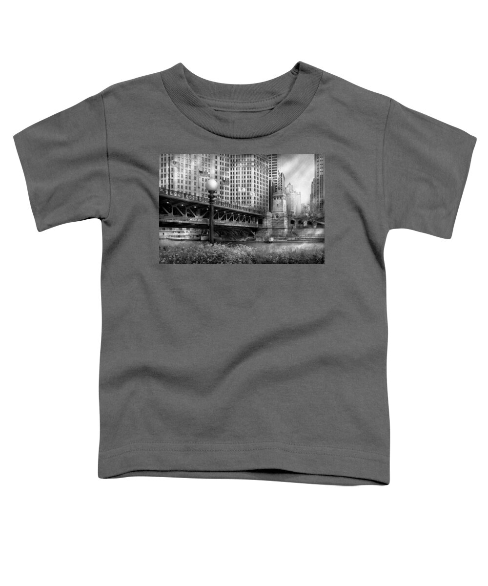 Chicago Toddler T-Shirt featuring the photograph Chicago IL - DuSable Bridge built in 1920 - BW by Mike Savad