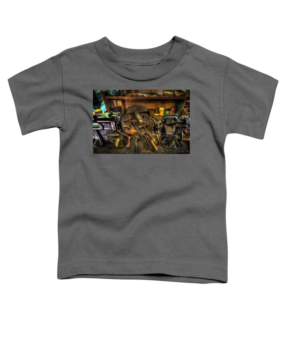 Shoe Repair Toddler T-Shirt featuring the photograph Cobblers Workbench by David Morefield
