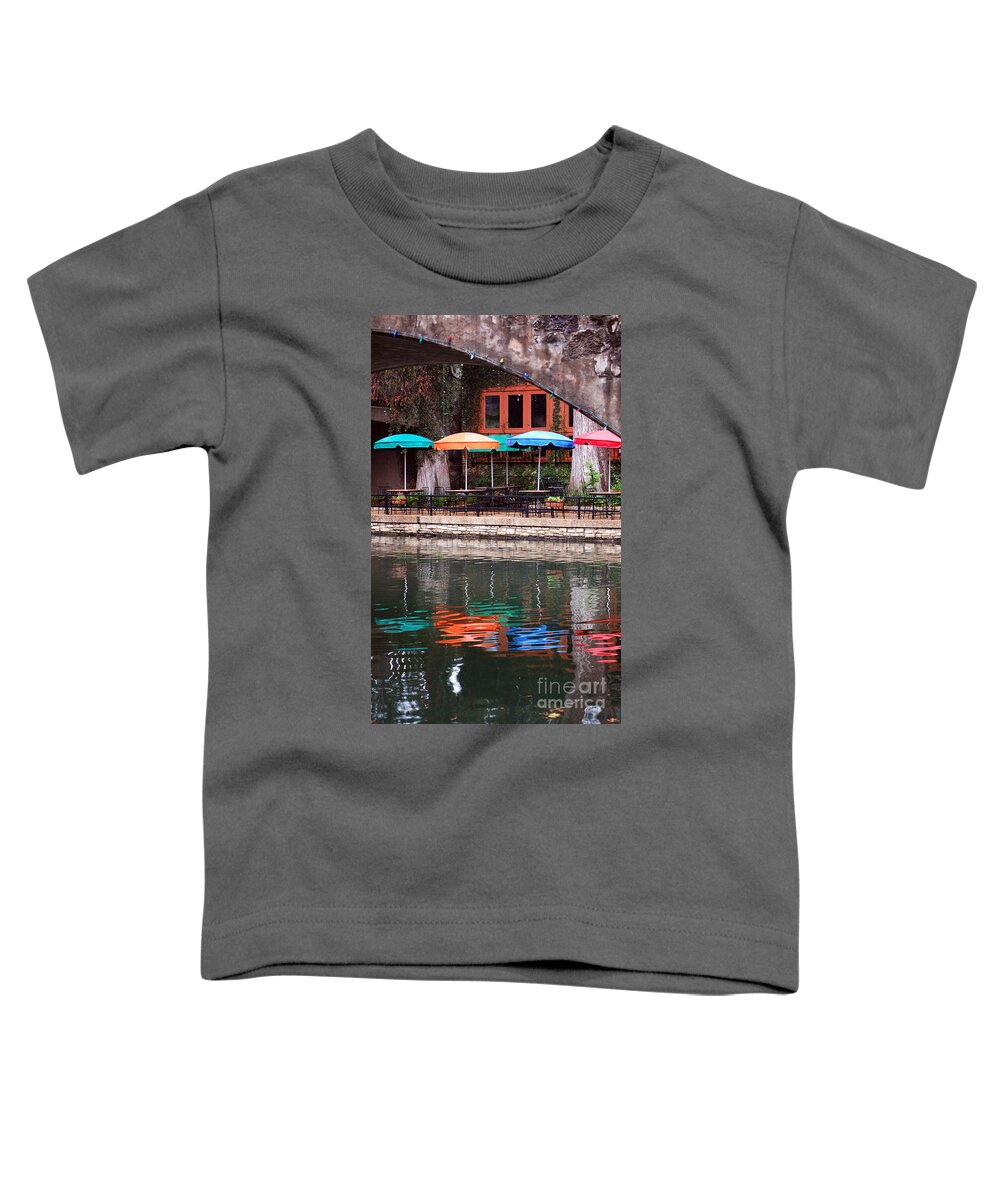 San Antonio Toddler T-Shirt featuring the photograph Colorful Umbrellas Reflected in Riverwalk Under Footbridge San Antonio Texas Vertical Format by Shawn O'Brien