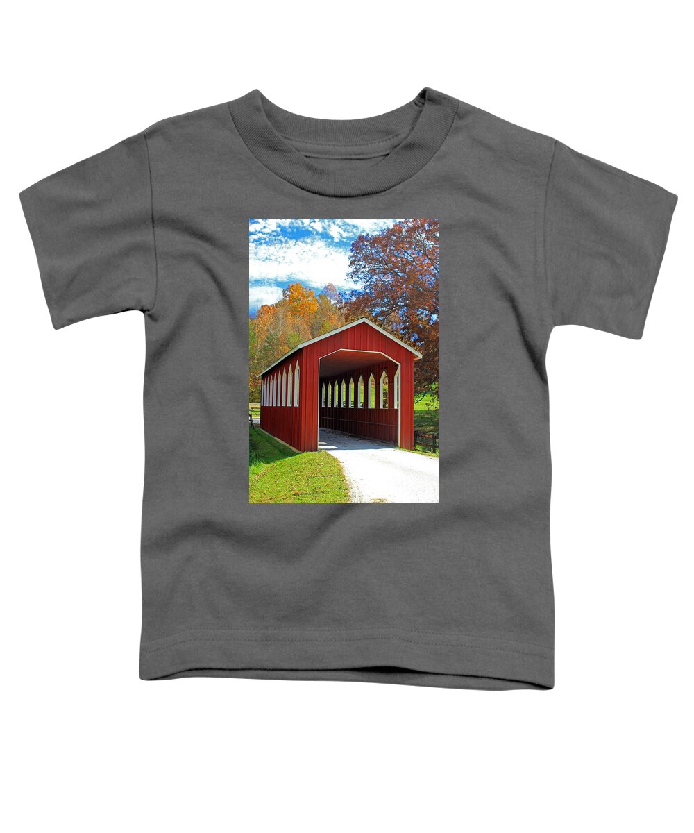 Red Covered Bridge Toddler T-Shirt featuring the photograph Covered Bridge by Jennifer Robin