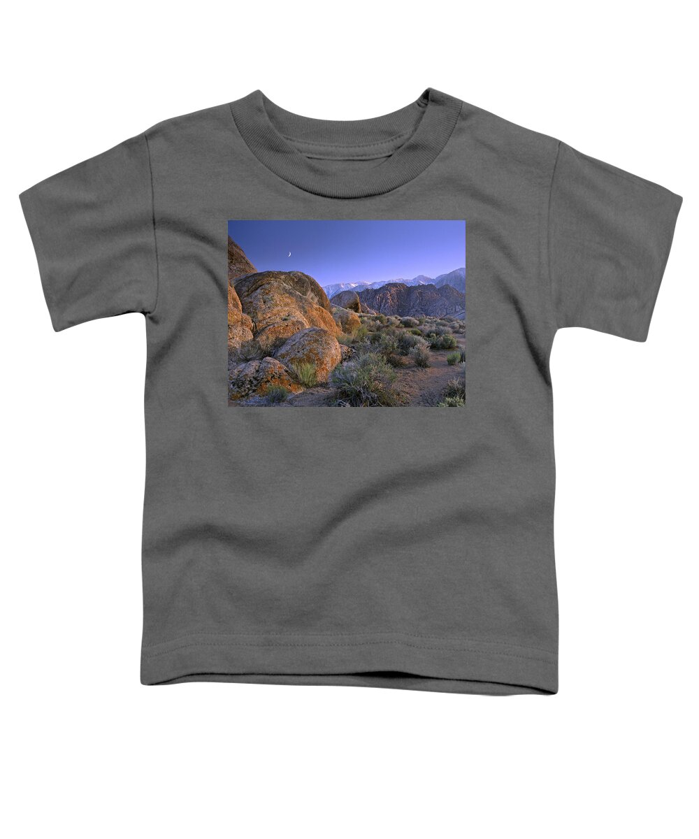 Feb0514 Toddler T-Shirt featuring the photograph Crescent Moon Rising Over Sierra Nevada by Tim Fitzharris