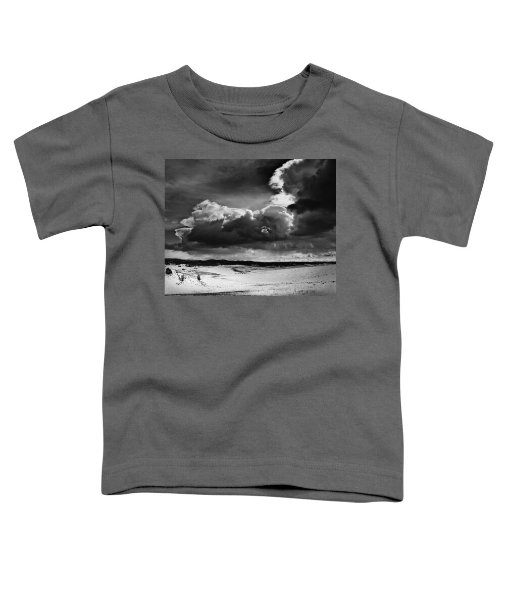 Clouds Toddler T-Shirt featuring the photograph Dark Clouds Over Snowy Landscape by Theresa Tahara