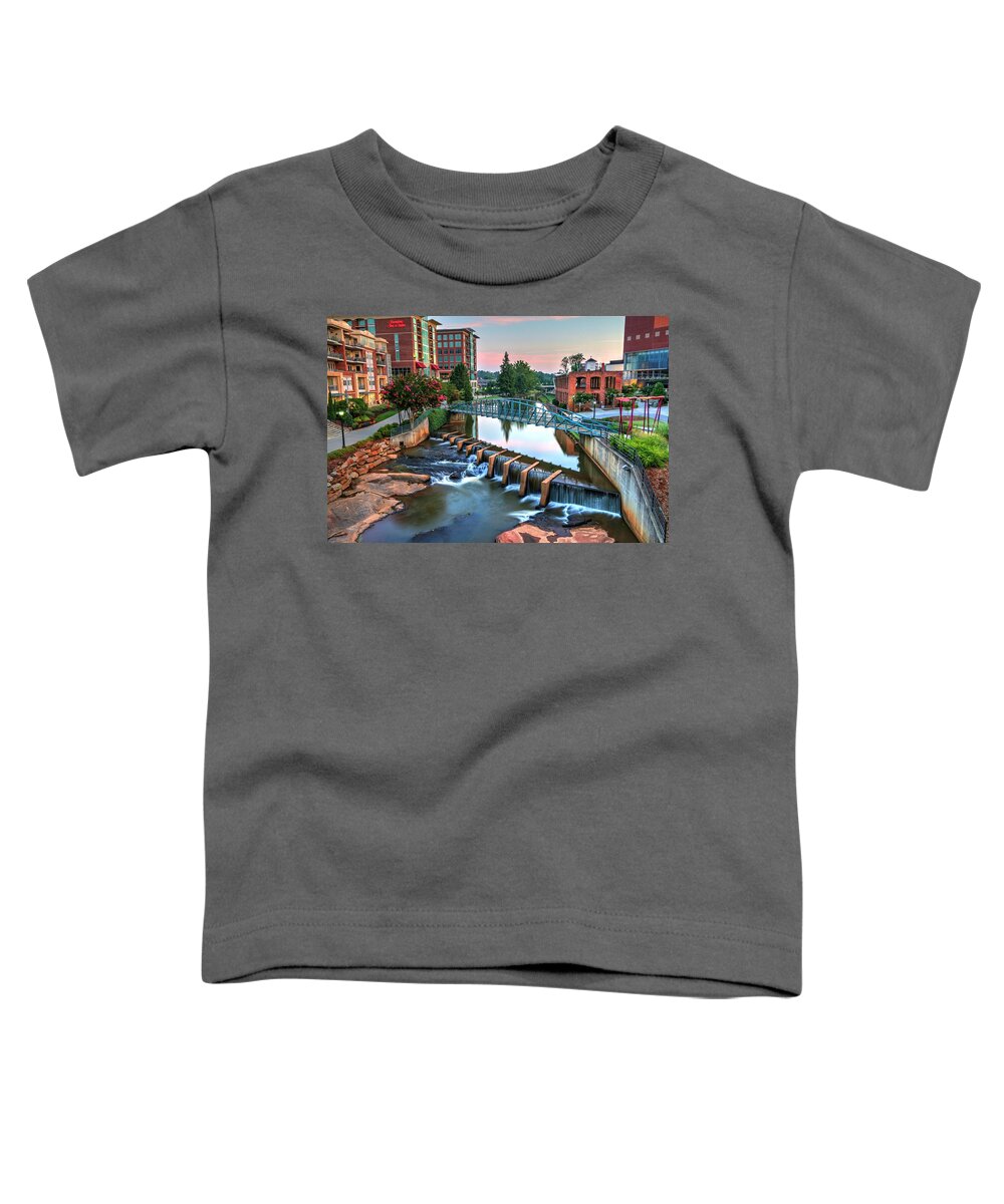 Downtown Greenville Toddler T-Shirt featuring the photograph Downtown Greenville on the River by Carol Montoya