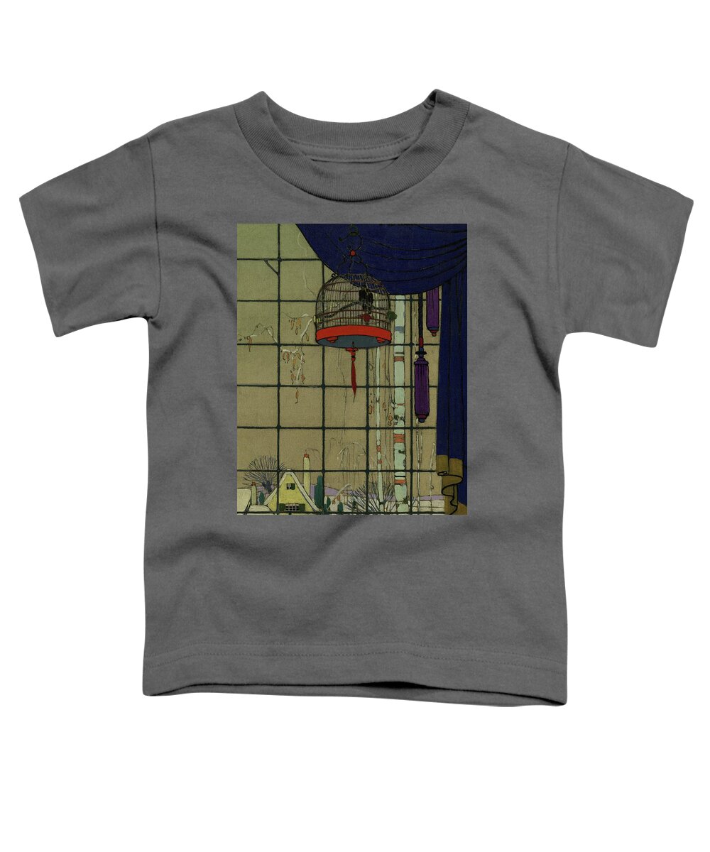 Animal Toddler T-Shirt featuring the digital art Drawing Of A Bid In A Cage In Front Of A Window by H. George Brandt
