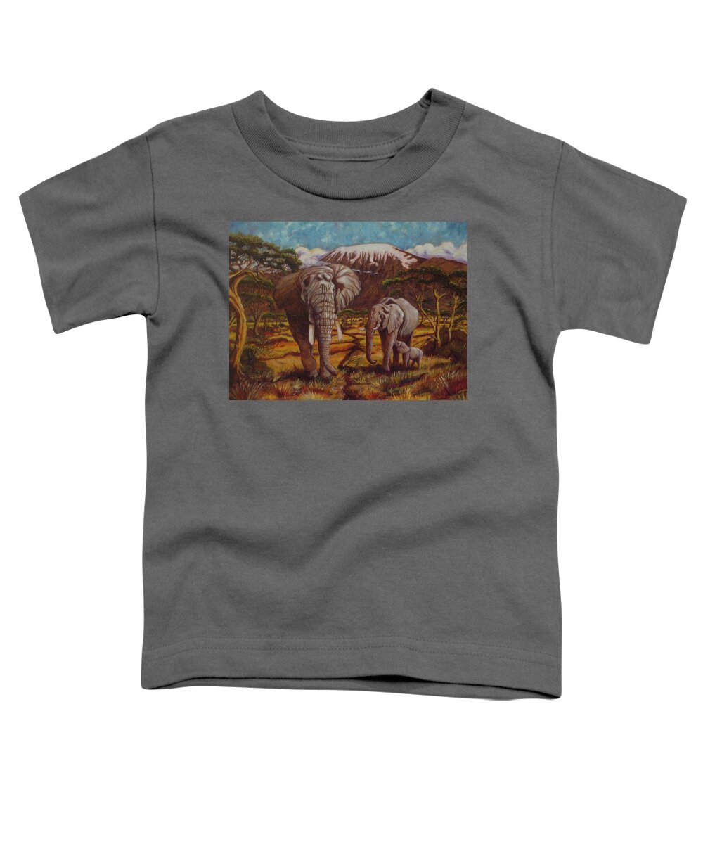 Elephants Toddler T-Shirt featuring the painting Elephants and Kilimanjaro by Paris Wyatt Llanso