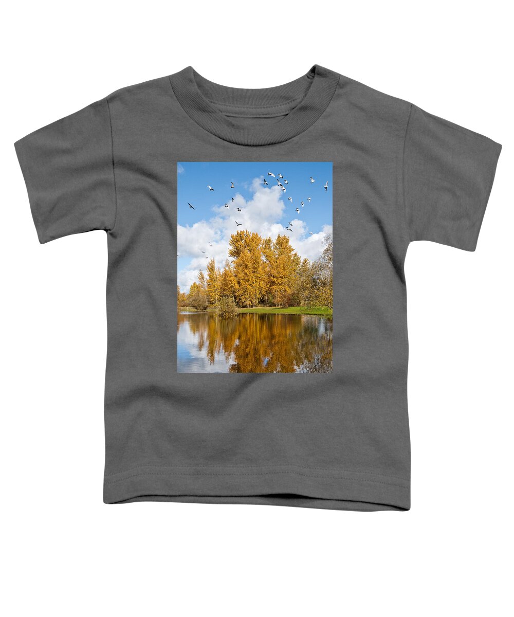 Agricultural Activity Toddler T-Shirt featuring the photograph Fall Colors Clouds and Western Gulls Reflected in a Pond by Jeff Goulden