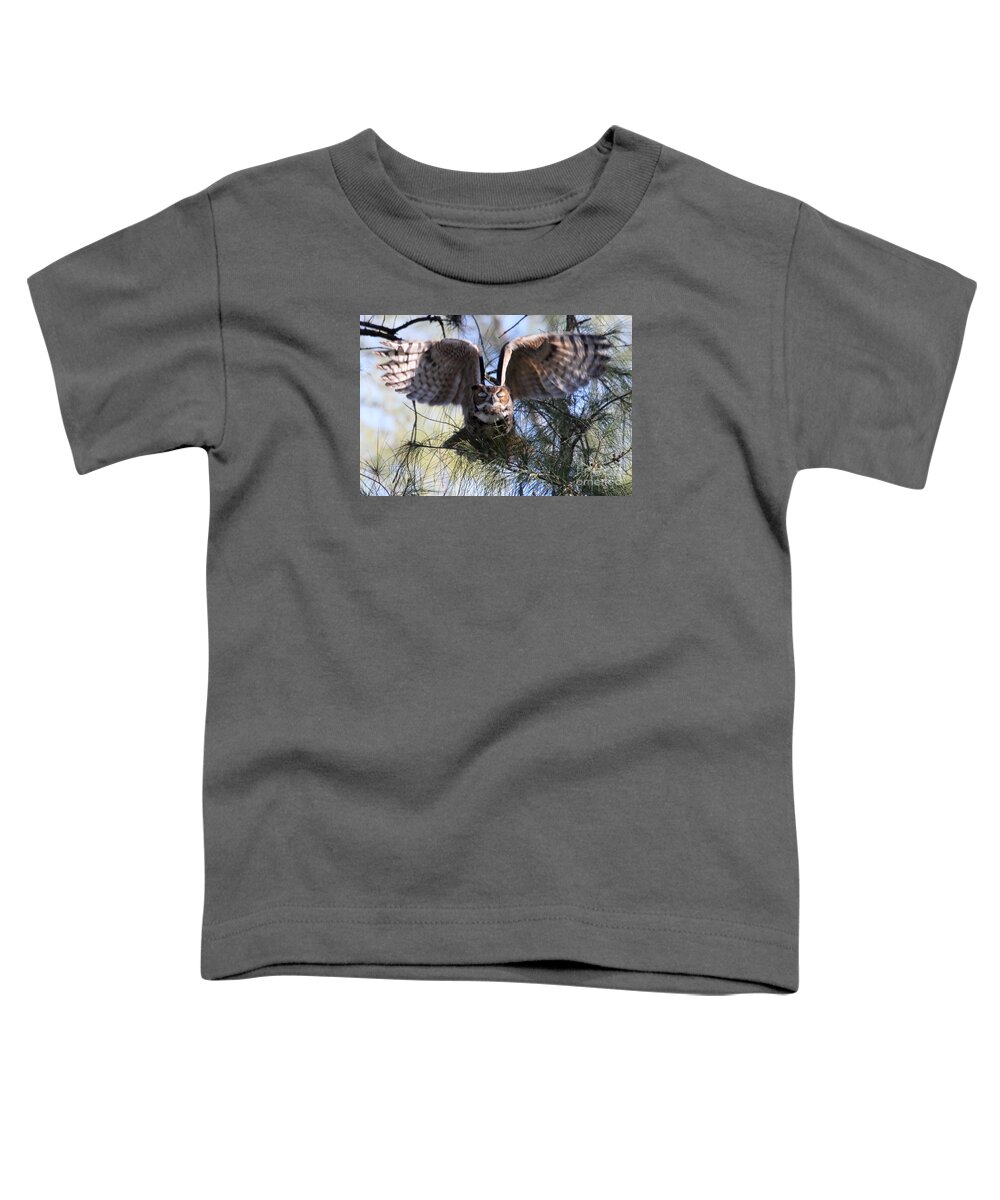 Great Horned Owl Toddler T-Shirt featuring the photograph Flying Blind - Great Horned Owl by Meg Rousher