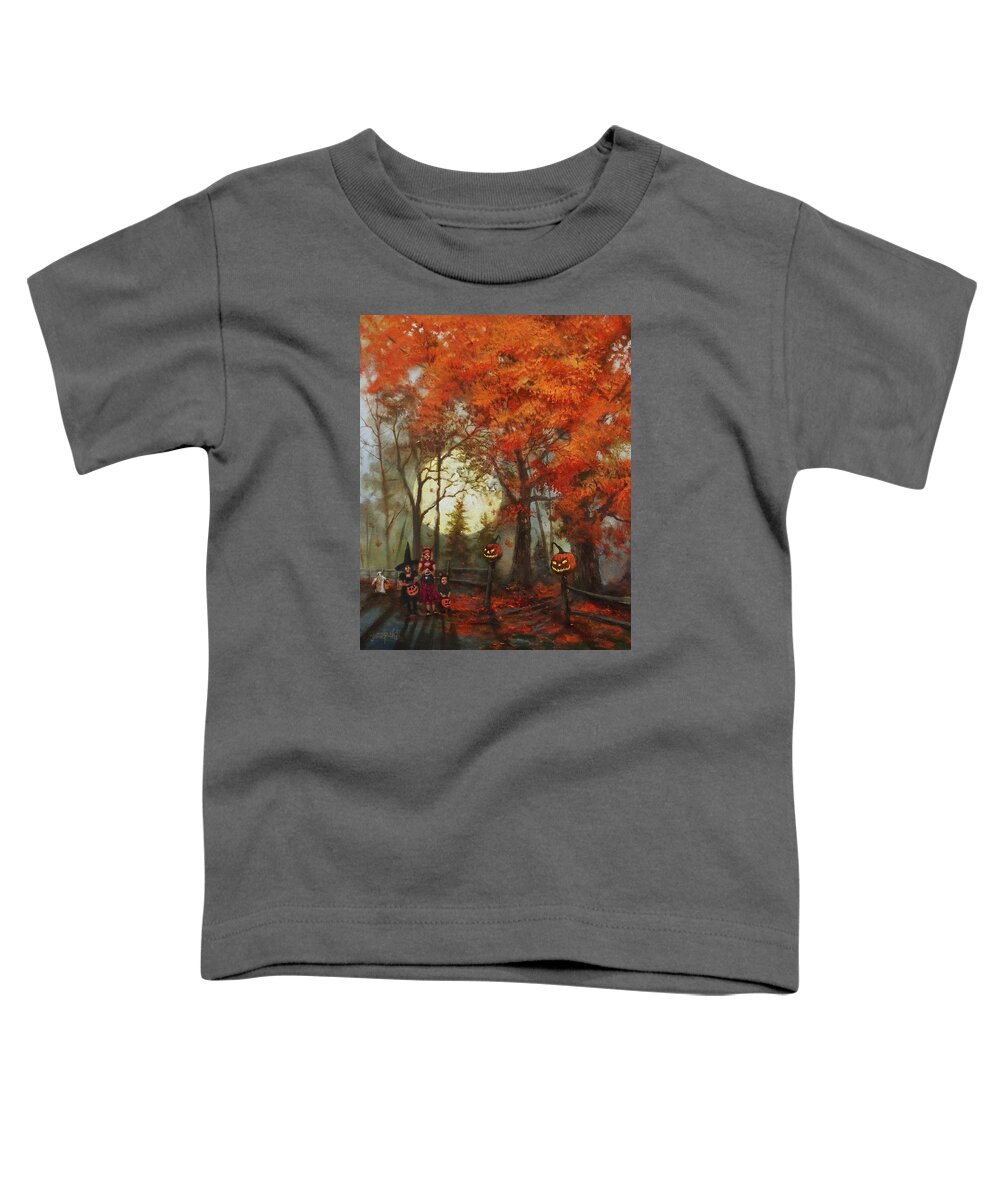  Autumn Toddler T-Shirt featuring the painting Full Moon on Halloween Lane by Tom Shropshire