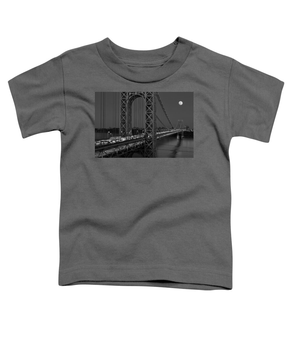 George Washington Bridge Toddler T-Shirt featuring the photograph George Washington Bridge Moon Rise BW by Susan Candelario