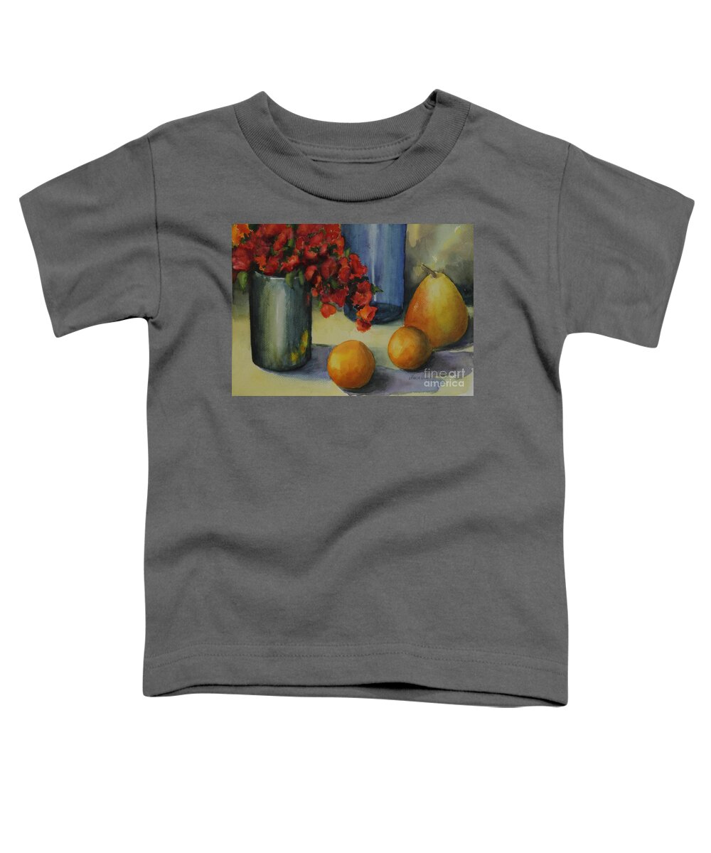 Pewter Vase Toddler T-Shirt featuring the photograph Geraniums with Pear and Oranges by Maria Hunt
