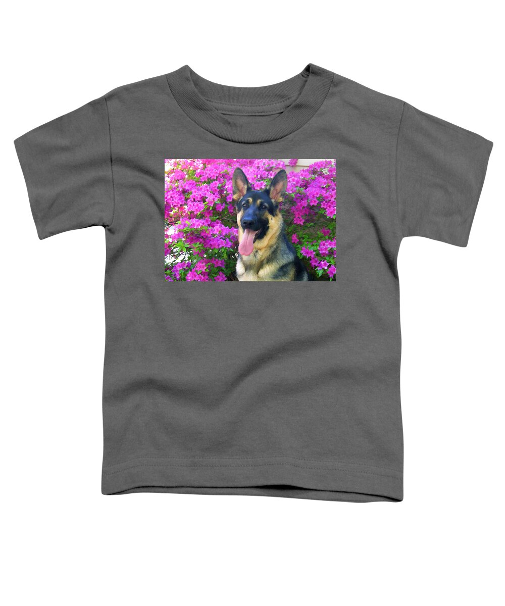 Animal Toddler T-Shirt featuring the photograph German Shepherd Dog with Azaleas by Donna Doherty