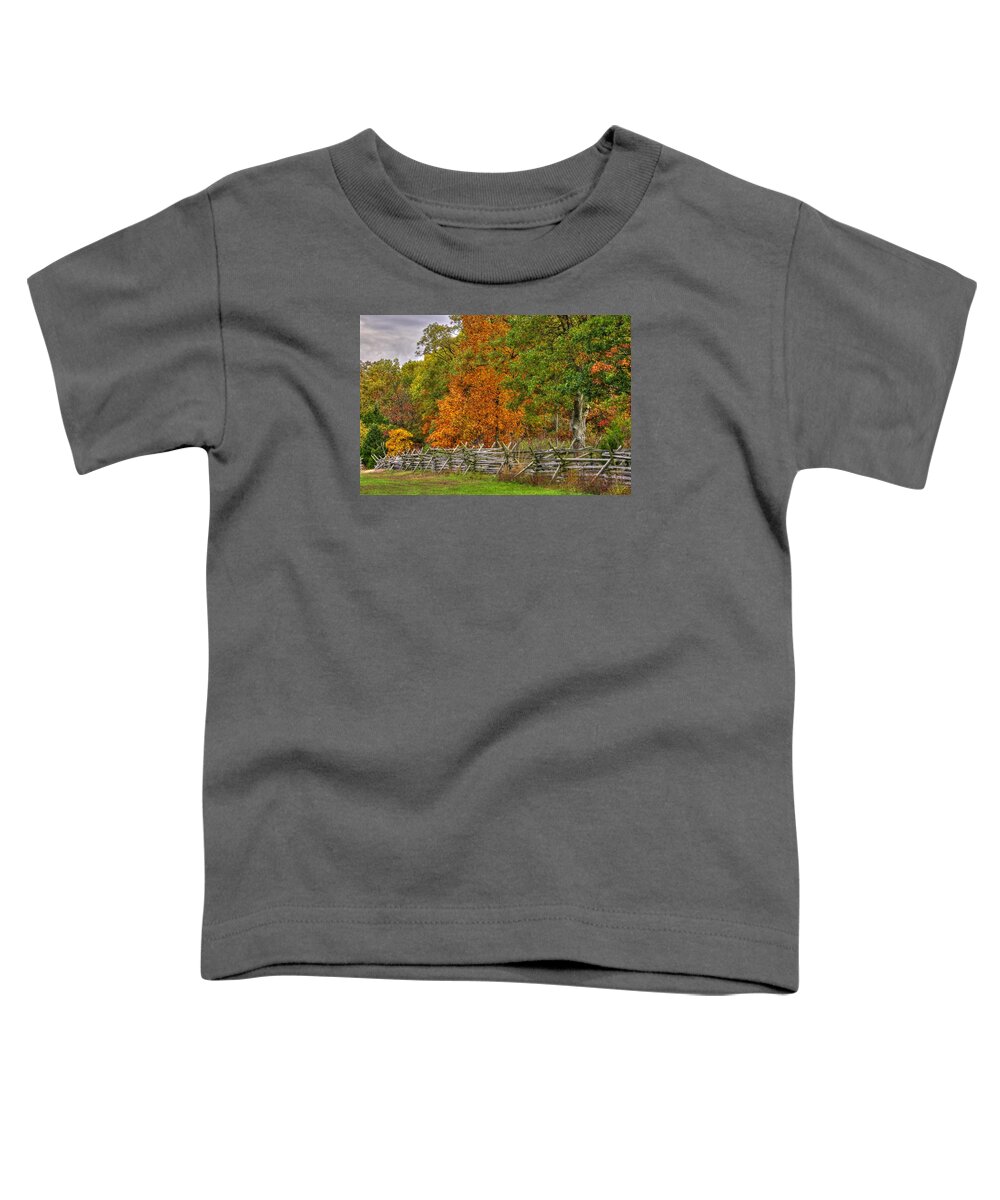 Civil War Toddler T-Shirt featuring the photograph Gettysburg at Rest - Autumn Colors Along Oak Hill Near the Eternal Peace Light Memorial Mid-Morning by Michael Mazaika