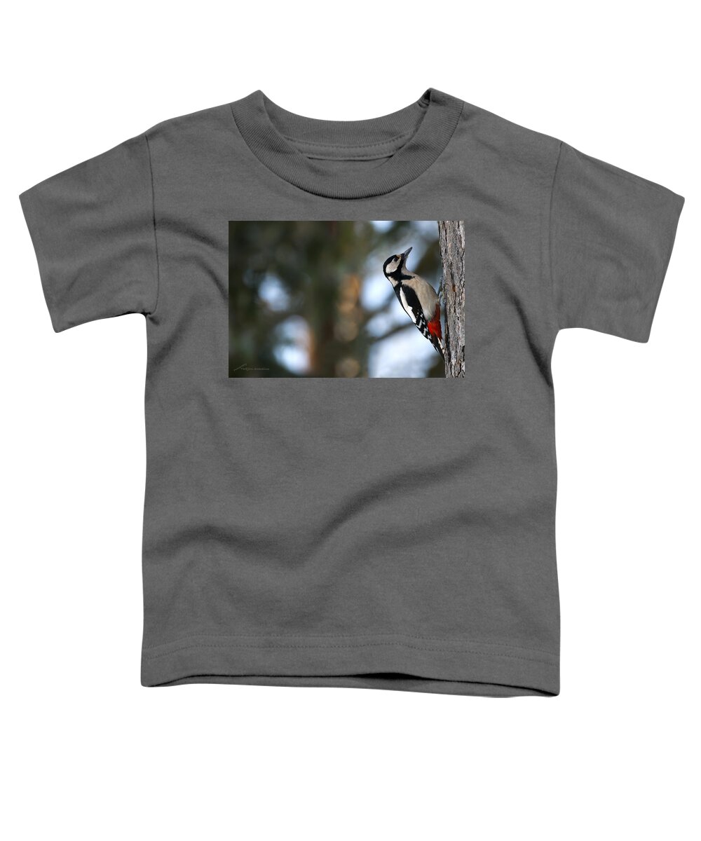 Great Spotted Woodpecker Toddler T-Shirt featuring the photograph Great Spotted Woodpecker by Torbjorn Swenelius