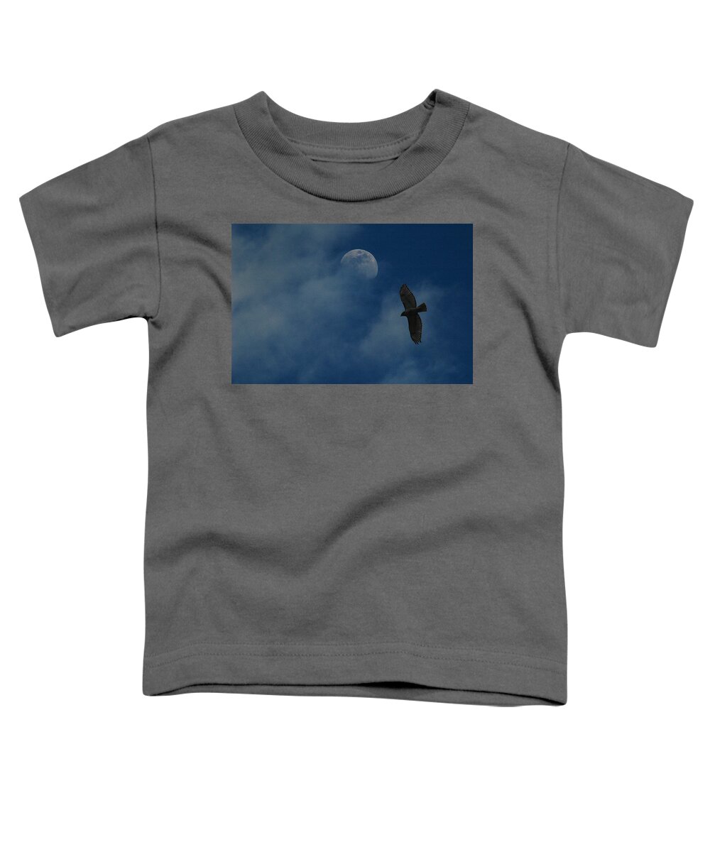 Hawk Toddler T-Shirt featuring the photograph Hawk and Moon Coming Out of the Mist by Raymond Salani III