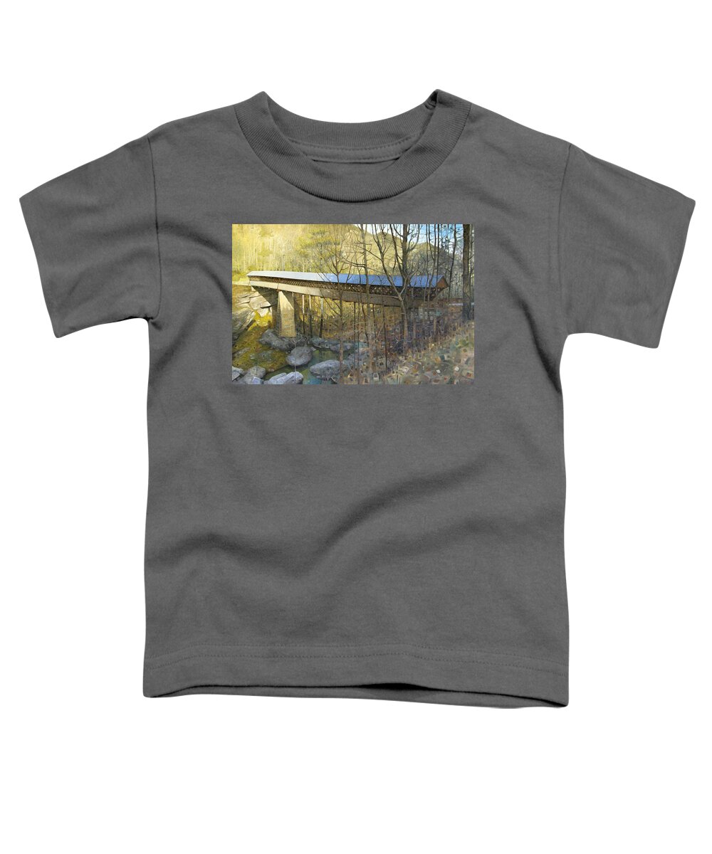 Covered Bridge Toddler T-Shirt featuring the painting Horton Mill Covered Bridge in Winter by T S Carson