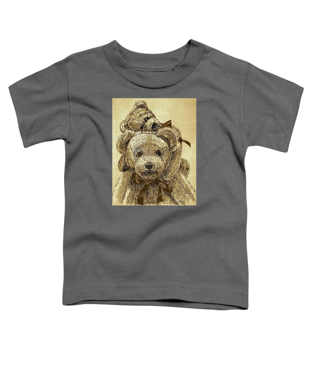 Bear Toddler T-Shirt featuring the drawing Jared's Bears Sepia by Linda Simon