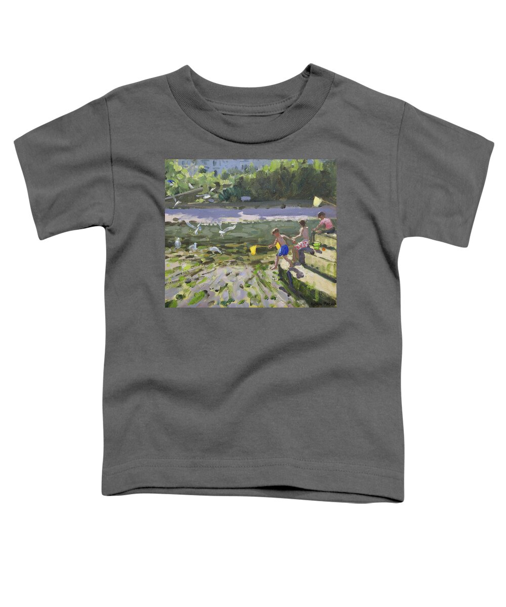 Andrew Macara Toddler T-Shirt featuring the painting Kids and seagulls by Andrew Macara