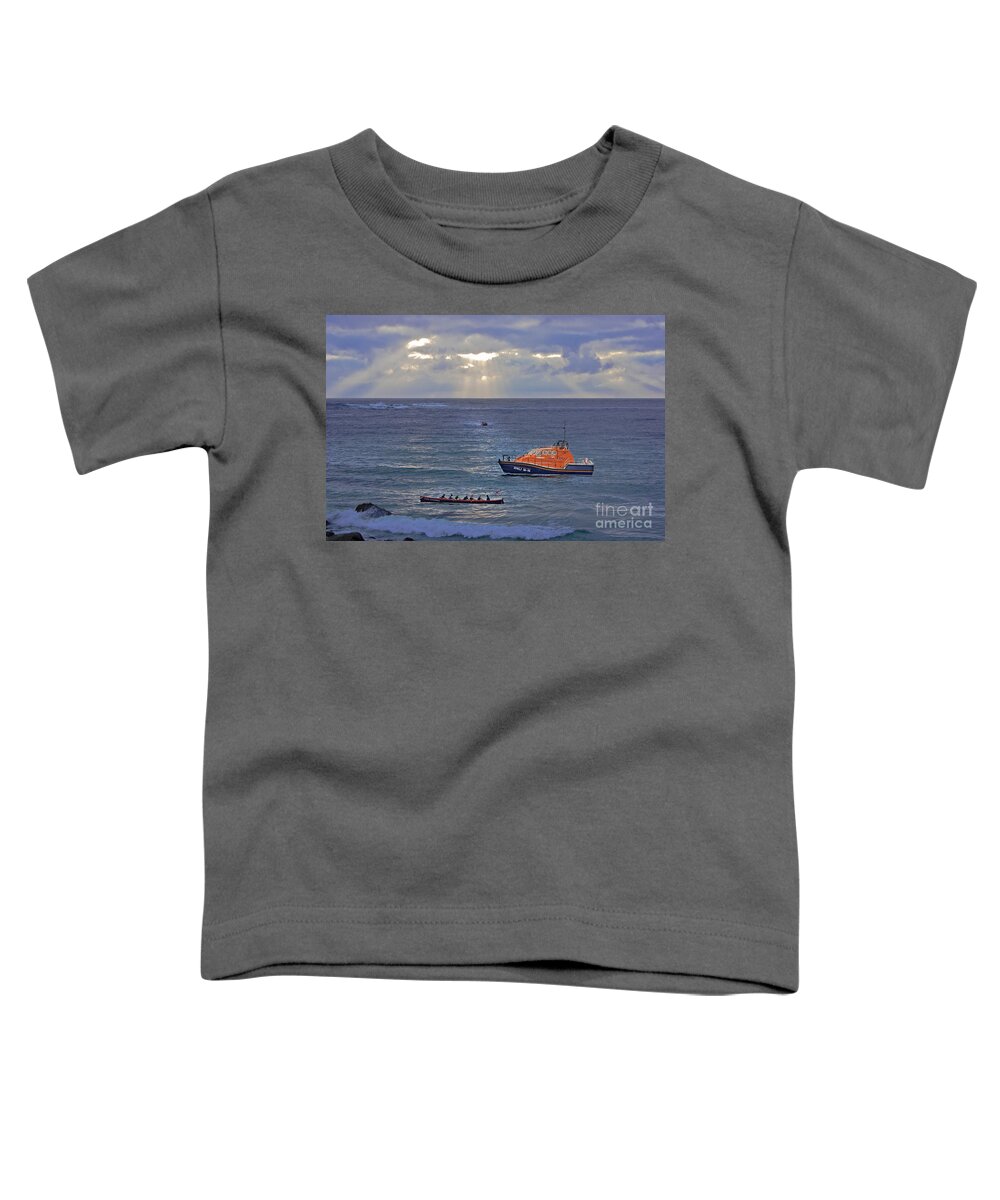 Sennen Cove Toddler T-Shirt featuring the photograph Lifeboats and a Gig by Terri Waters
