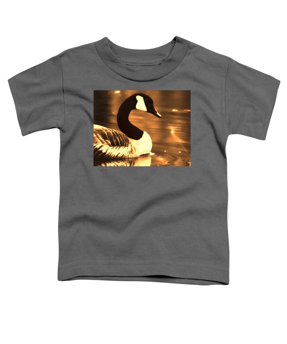 Canadian Goose Toddler T-Shirt featuring the photograph Lila Goose the Pond Queen Sepia by Lesa Fine