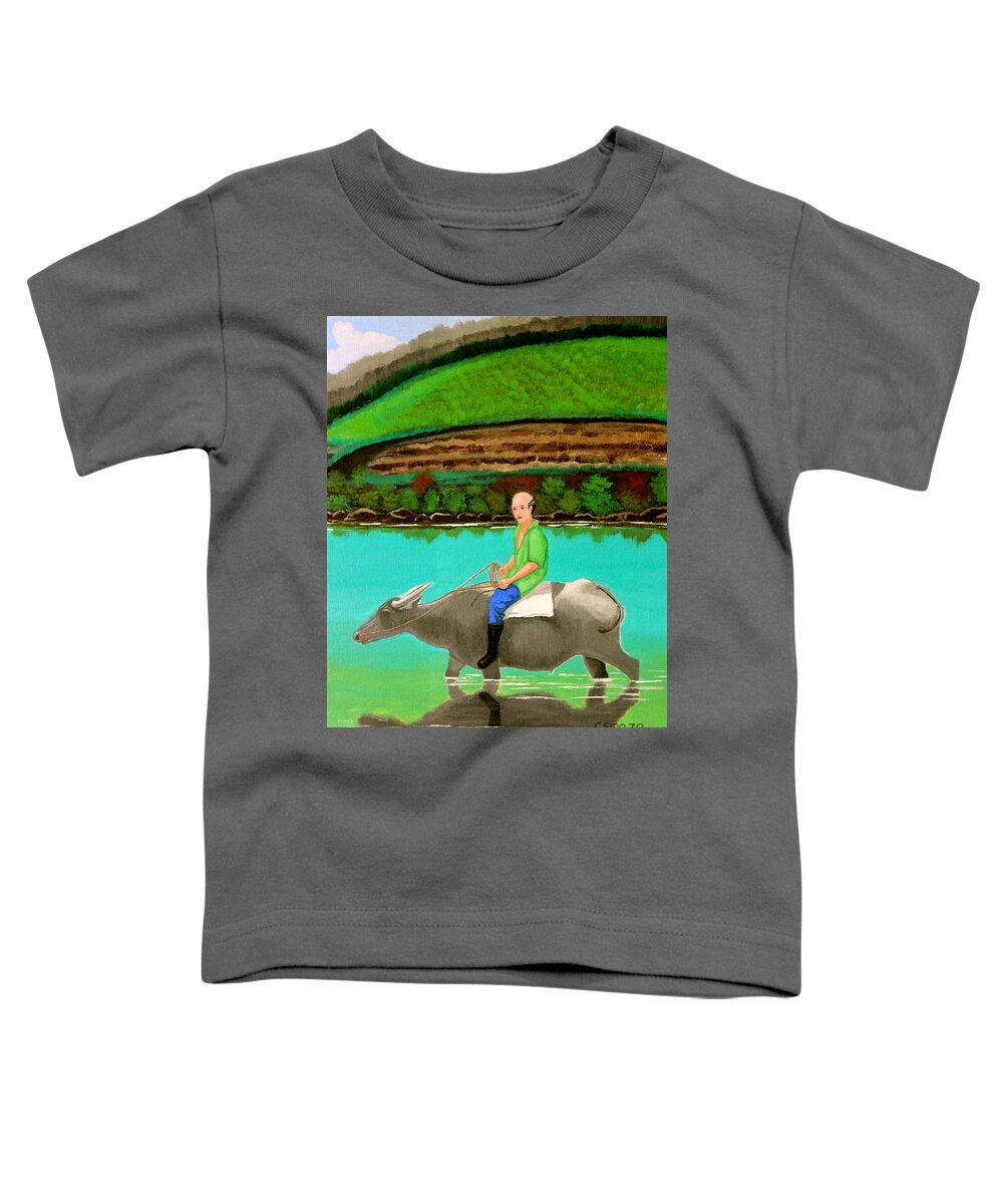Landscape Toddler T-Shirt featuring the painting Man Riding a Carabao by Cyril Maza