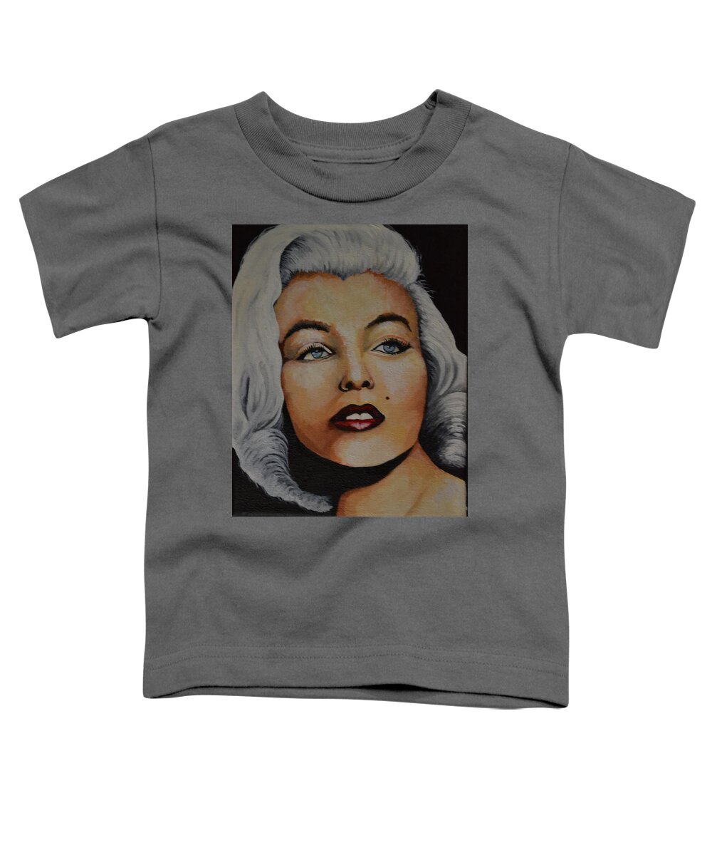 An Impressionist Style Portrait Of Marilyn Monroe With A Black Background. She Has Red Lipstick And White Hair. This Is A Portrait Of Marilyn In Her Younger Years. .  Toddler T-Shirt featuring the painting Marilyn Monroe 2 by Martin Schmidt