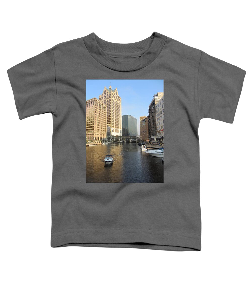 Milwaukee Toddler T-Shirt featuring the photograph Milwaukee River Theater District 3 by Anita Burgermeister