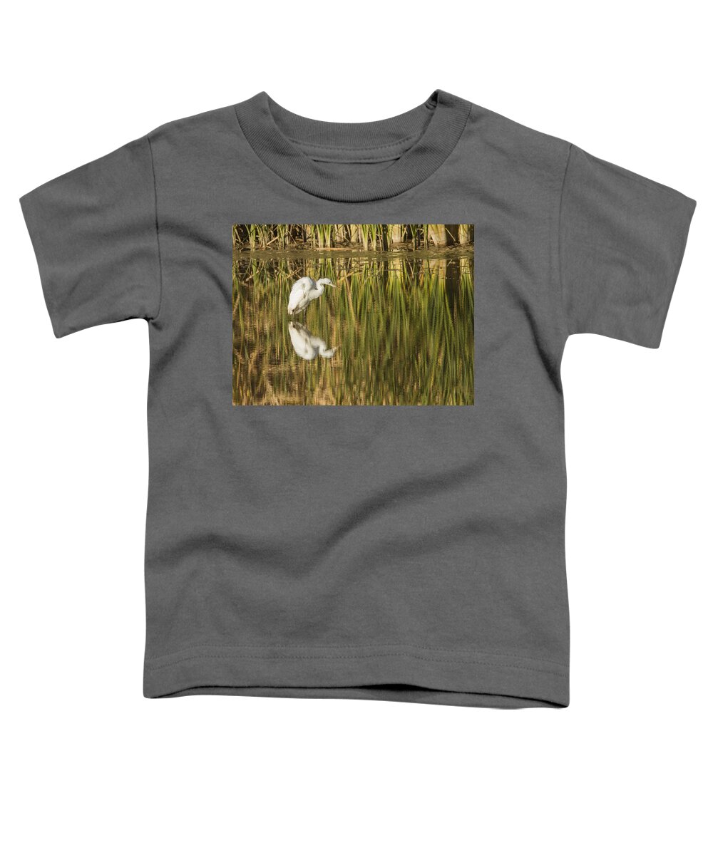 Heron Toddler T-Shirt featuring the photograph Mirrored White Egret by Jean Noren