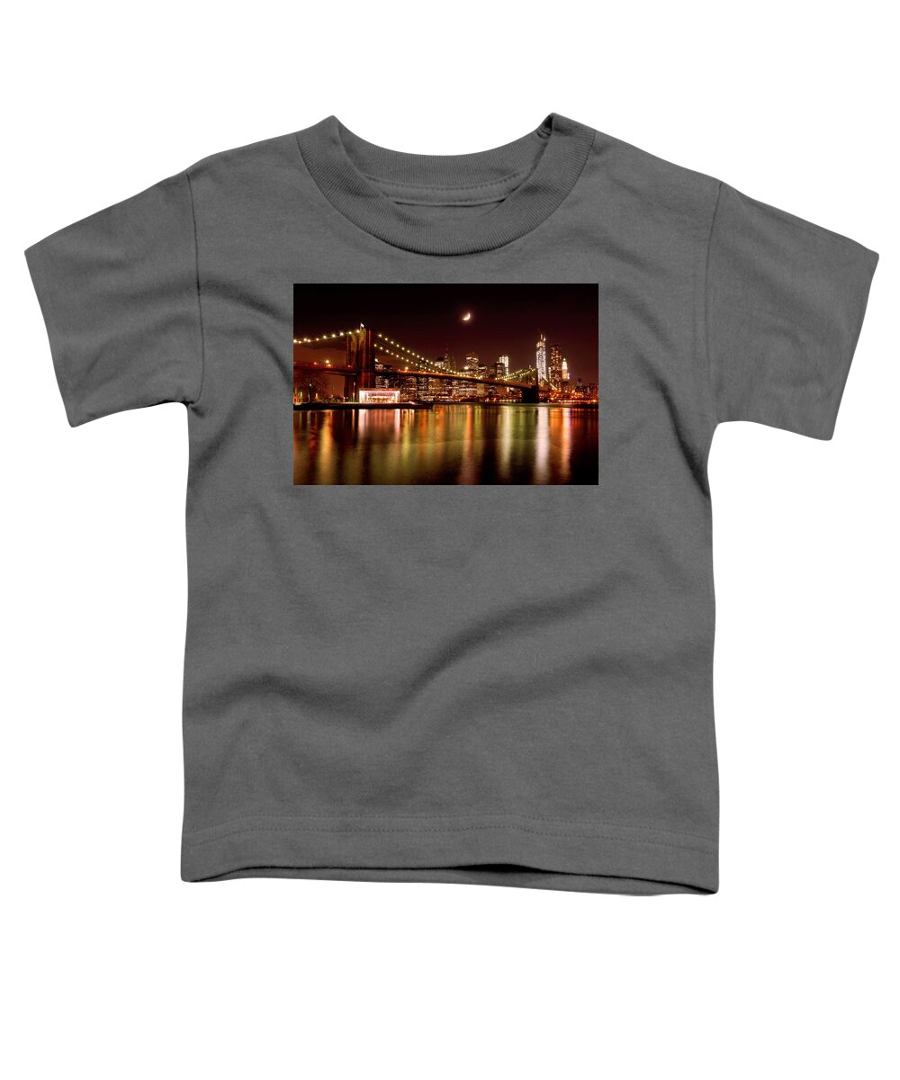 Amazing Brooklyn Bridge Photos Toddler T-Shirt featuring the photograph Moon Over the Brooklyn Bridge by Mitchell R Grosky