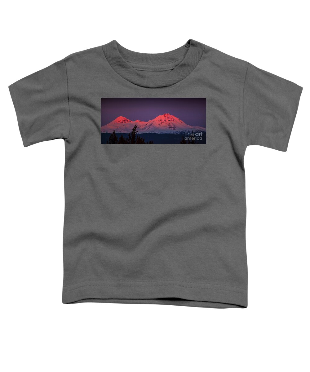 Three Sisters Sunrise Mountain Photographs Toddler T-Shirt featuring the photograph Morning Dawn on Two Of Three Sisters Mountain Tops In Oregon by Jerry Cowart