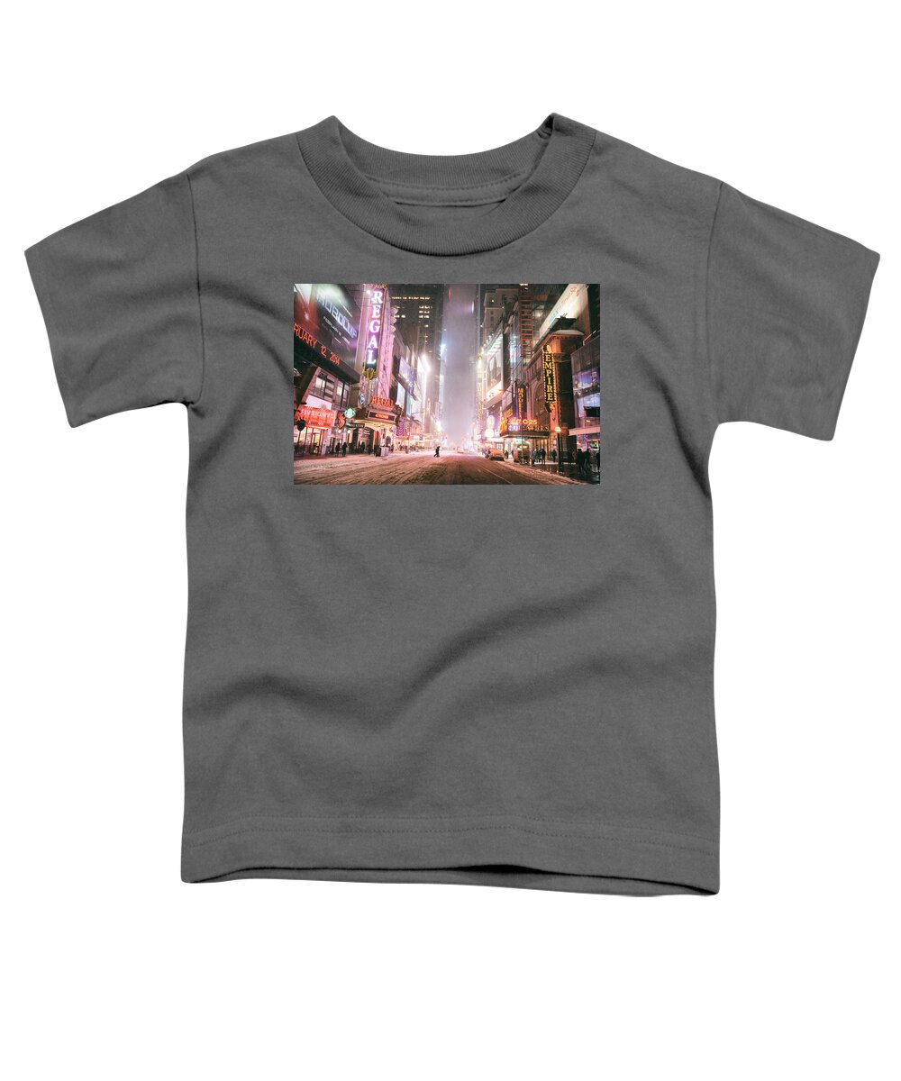 New York City Toddler T-Shirt featuring the photograph New York City - Winter Night - Times Square in the Snow by Vivienne Gucwa