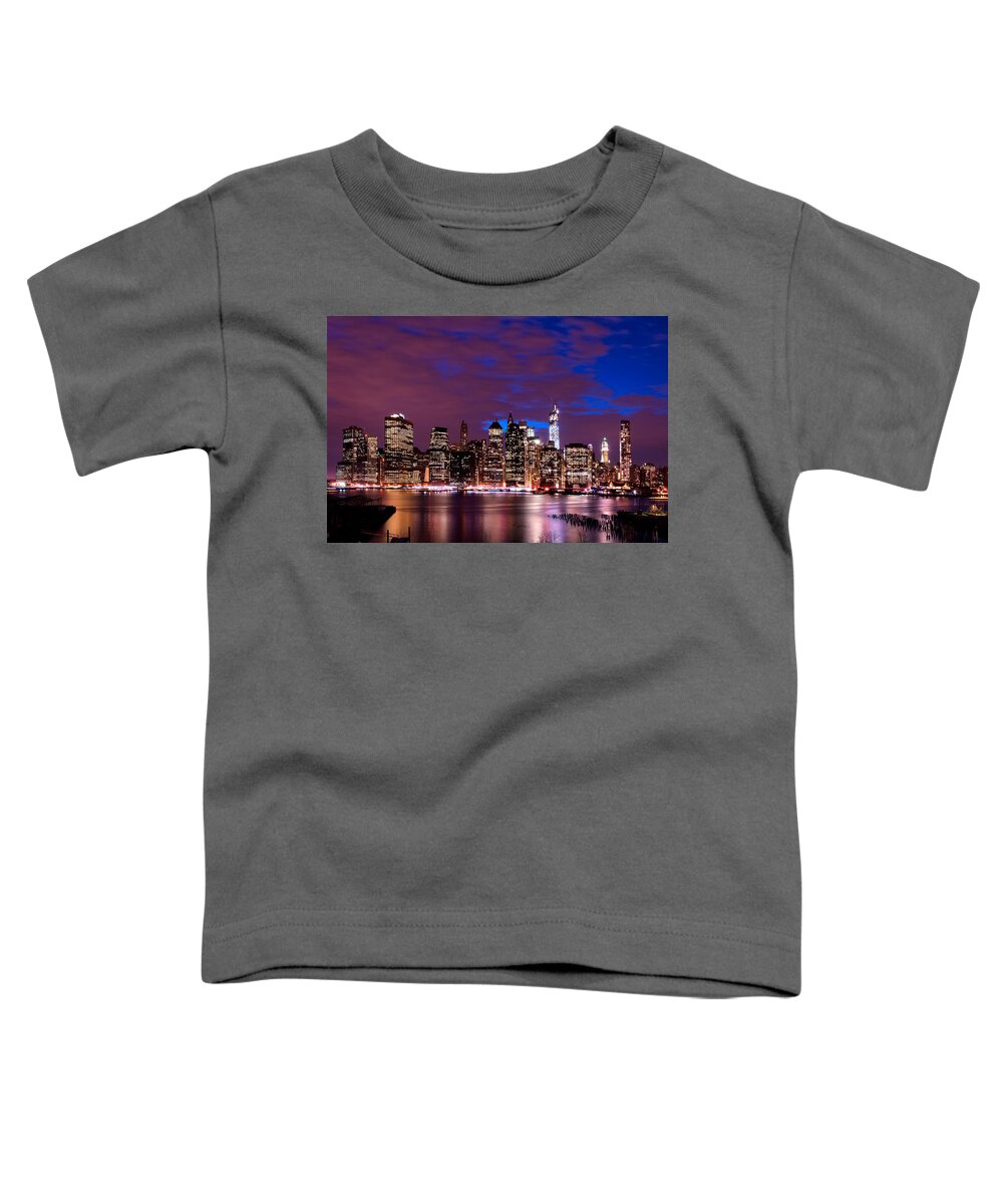 New York Toddler T-Shirt featuring the photograph New York Skyline Magic Hour-- from Brooklyn Heights Promenade by Mitchell R Grosky