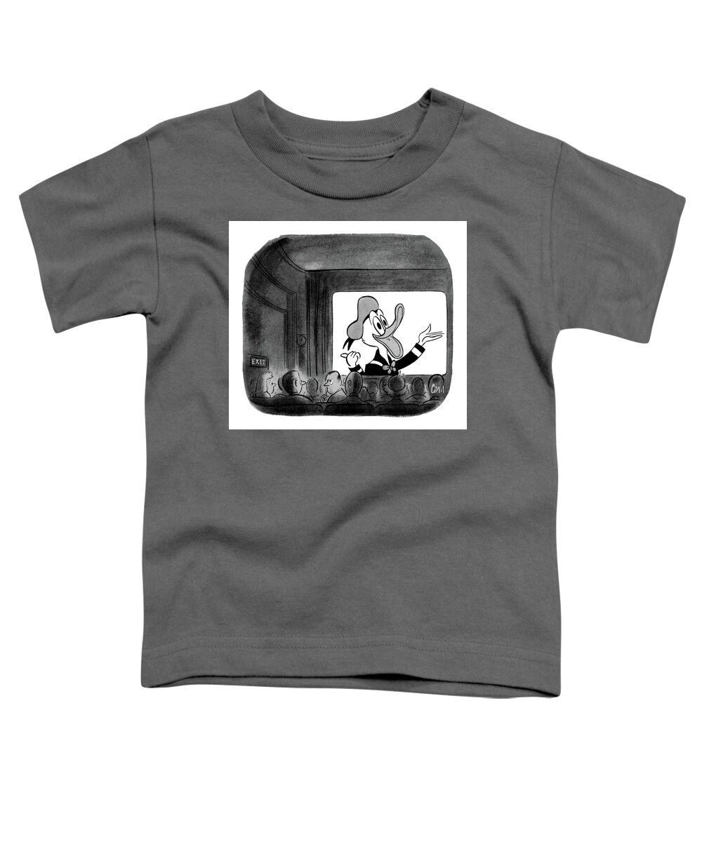 (man In Movie Theater Shushing Another Sitting Behind Him As They Watch Donald Duck Cartoon.) Movies Toddler T-Shirt featuring the drawing New Yorker October 23rd, 1954 by Charles E. Martin