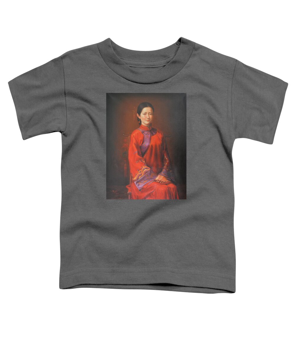 Original Toddler T-Shirt featuring the painting Original Classic Portrait Oil Painting Woman Art - Beautiful Chinese Bride Girl by Hongtao Huang